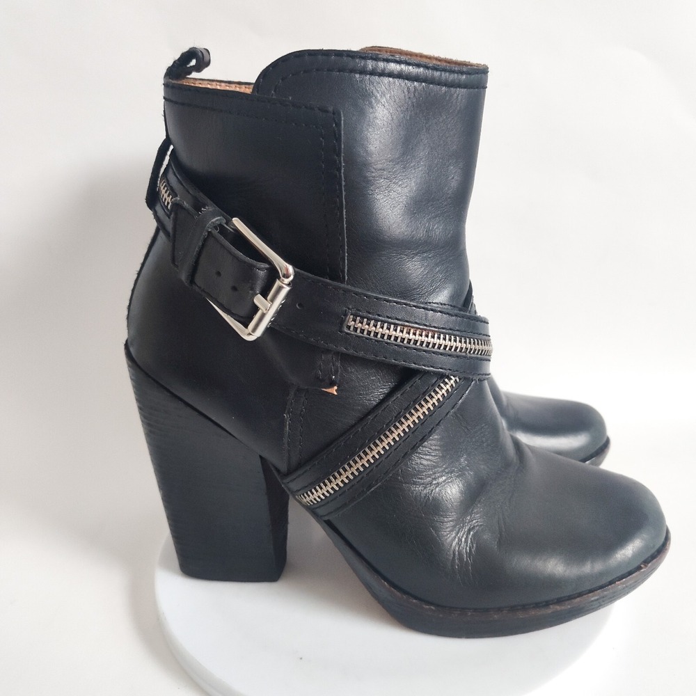 Michael Kors Ankle Boots 8.5 Biker Leather Zipper Strap Rachel Bilson Block Heel